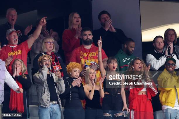 Andrea Swift, rapper Ice Spice, Donna Kelce, NFL player Jason Kelce, singer Taylor Swift and actress Blake Lively react prior to Super Bowl LVIII...
