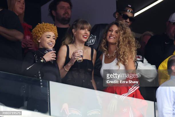 Rapper Ice Spice, singer Taylor Swift and actress Blake Lively react prior to Super Bowl LVIII between the San Francisco 49ers and Kansas City Chiefs...