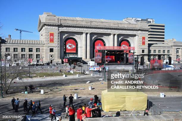 View of the Union Station area after shots were fired near the Kansas City Chiefs' Super Bowl LVIII victory parade on February 14 in Kansas City,...