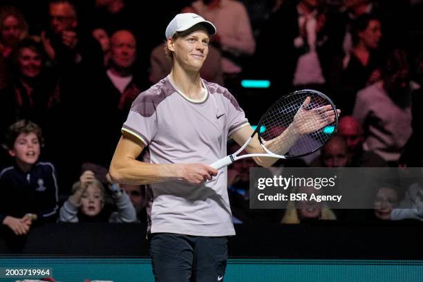 Jannik Sinner of Italy applauds after his men's singles first round match against Botic van de Zandschulp of the Netherlands during Day 3 of the ABN...