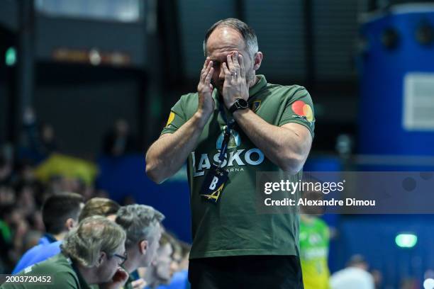 Alem TOSKIC of Celje Looks dejected during the EHF Champions League match between Montpellier Agglomeration Handball and RK Celje at Palais des...