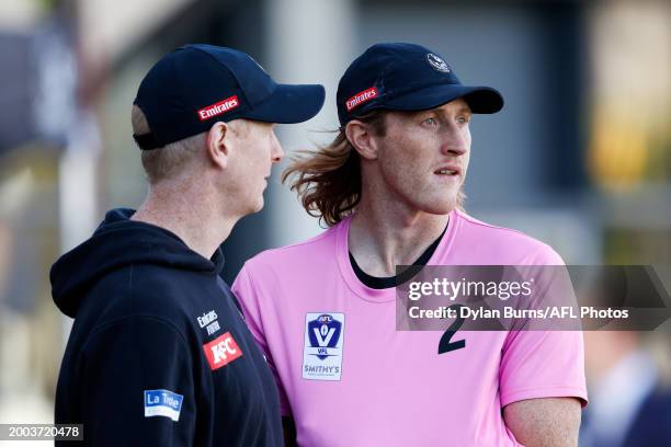 Nathan Murphy of the Magpies looks on during a Collingwood Magpies training session at AIA Centre on February 14, 2024 in Melbourne, Australia.