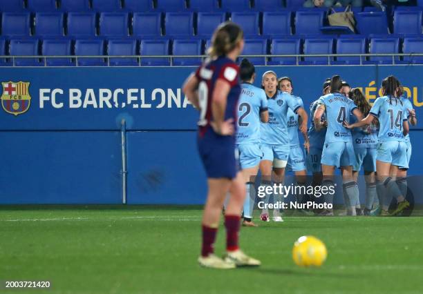 Levante players are celebrating during the match between FC Barcelona and Levante UD for week 14 of the Liga F, played at the Johan Cruyff Stadium in...