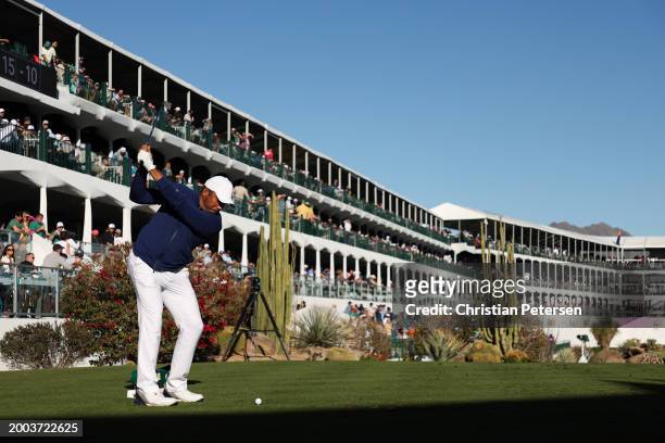 Jhonattan Vegas of Venezuela plays his shot from the 16th tee during the final round of the WM Phoenix Open at TPC Scottsdale on February 11, 2024 in...