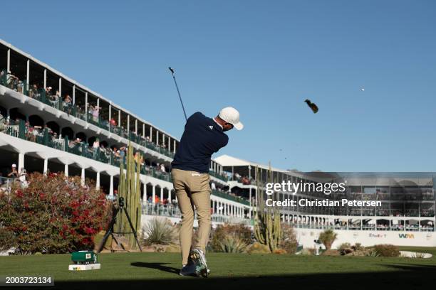 Daniel Berger of the United States plays his shot from the 16th tee during the final round of the WM Phoenix Open at TPC Scottsdale on February 11,...