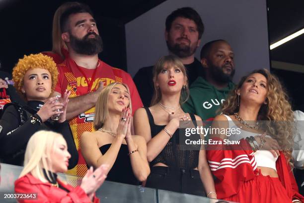 Rapper Ice Spice, NFL player Jason Kelce, singer Taylor Swift and actress Blake Lively react prior to Super Bowl LVIII between the San Francisco...