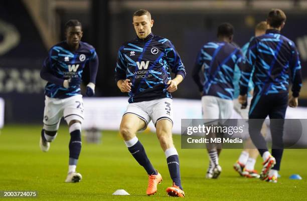 Murray Wallace of Millwall warming up prior to the Sky Bet Championship match between Millwall and Ipswich Town at The Den on February 14, 2024 in...