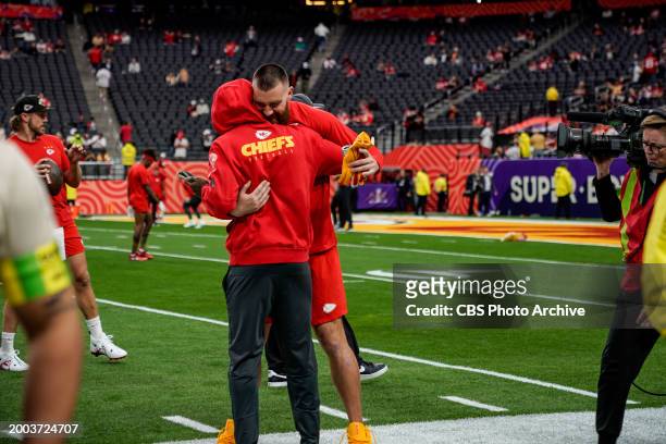 Kansas City Chiefs tight end, Travis Kelce is during pregame warmup at Super Bowl LVIII on Sunday, February 11 at Allegiant Stadium in Las Vegas,...