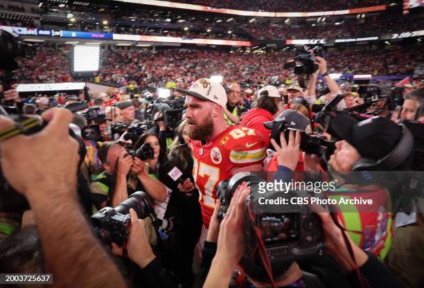 Kansas City Chiefs tight end, Travis Kelce is swarmed by press after defeating the San Francisco 49ers at Super Bowl LVIII on Sunday, February 11 at...