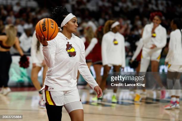 Te-Hina Paopao of the South Carolina Gamecocks warms up prior to their game against the UConn Huskies at Colonial Life Arena on February 11, 2024 in...