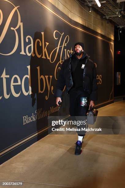 Anthony Davis of the Los Angeles Lakers arrives to the arena before the game against the Utah Jazz on February 14, 2024 at Delta Center in Salt Lake...