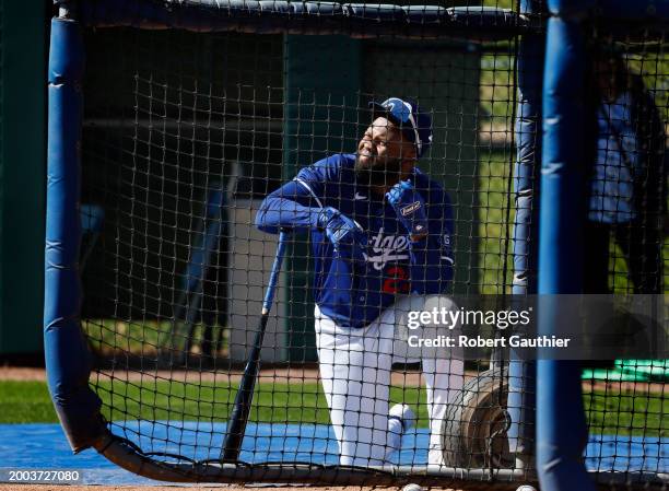 Goodyear, Arizona, Wednesday, February 14, 2024 - Dodgers outfielder Manuel Margot waits his turn for batting practice during spring training.