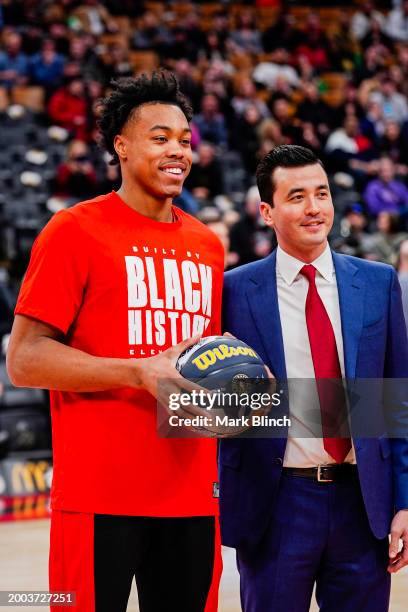 The Toronto Raptors recognize Scottie Barnes for the 2024 All-Star Game before the game against the Indiana Pacers on February 14, 2024 at the...