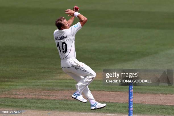 New Zealand's Neil Wagner bowls during day three of the second cricket test match between New Zealand and South Africa at Seddon Park in Hamilton on...