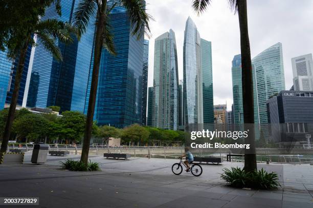 Buildings in the central business district in Singapore, on Wednesday, Feb. 14, 2024. Singapore's economy expanded by a slightly more modest pace...