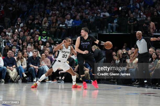 Luka Doncic of the Dallas Mavericks handles the ball while Tre Jones of the San Antonio Spurs plays defense during the game during the game on...