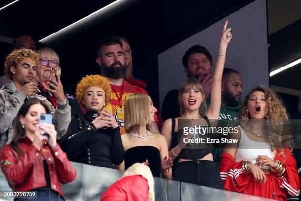 Rapper Ice Spice, Singer Taylor Swift and Actress Blake Lively react prior to Super Bowl LVIII between the San Francisco 49ers and Kansas City Chiefs...