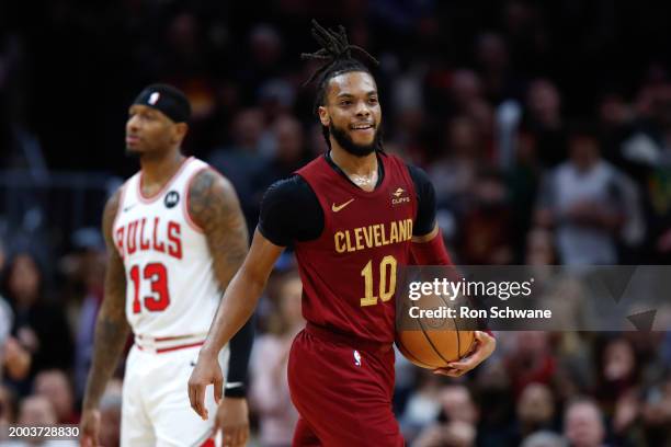 Darius Garland of the Cleveland Cavaliers smiles during the second half against the Chicago Bulls at Rocket Mortgage Fieldhouse on February 14, 2024...