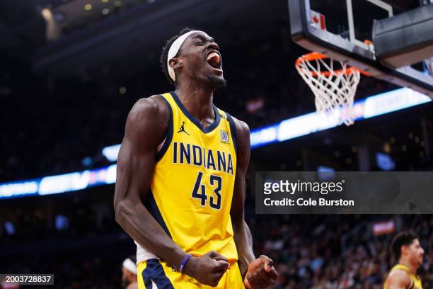 Pascal Siakam of the Indiana Pacers reacts after a play against the Toronto Raptors during the second half of their NBA game at Scotiabank Arena on...
