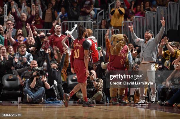 Darius Garland of the Cleveland Cavaliers celebrates during the game against the Chicago Bulls on February 14, 2024 at Rocket Mortgage FieldHouse in...