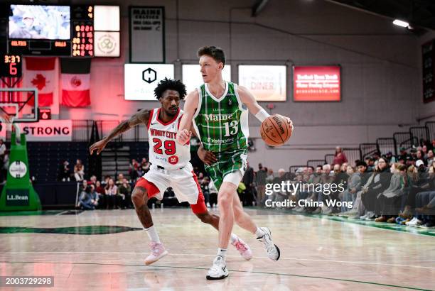 Drew Peterson of the Maine Celtics dribbles the ball during the game against the Windy City Bulls on February 14, 2024 at Portland Expo Center in...