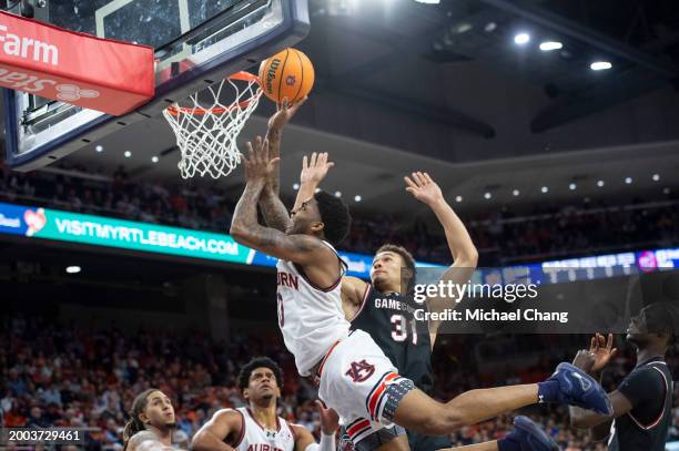 Johnson of the Auburn Tigers looks to take a shot in front of Benjamin Bosmans-Verdonk of the South Carolina Gamecocks during the second half of play...