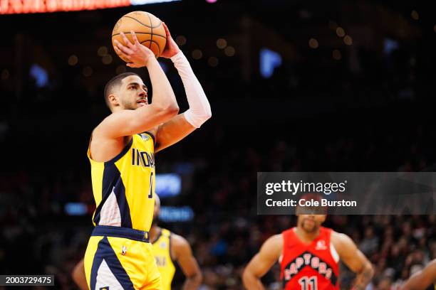 Tyrese Haliburton of the Indiana Pacers puts up a free throw in the first half of their NBA game against the Toronto Raptors at Scotiabank Arena on...