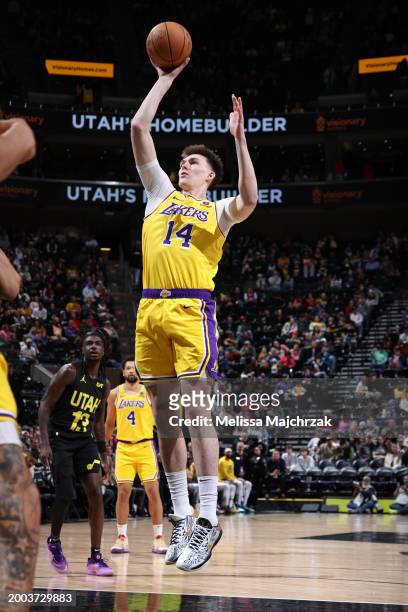 Colin Castleton of the Los Angeles Lakers shoots the ball during the game against the Utah Jazz on February 14, 2024 at Delta Center in Salt Lake...