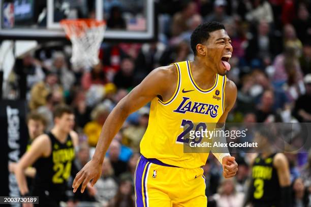 Rui Hachimura of the Los Angeles Lakers celebrates a three point basket during the second half of a game against the Utah Jazz at Delta Center on...