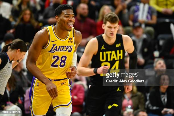 Rui Hachimura of the Los Angeles Lakers celebrates a three point basket during the second half of a game against the Utah Jazz at Delta Center on...