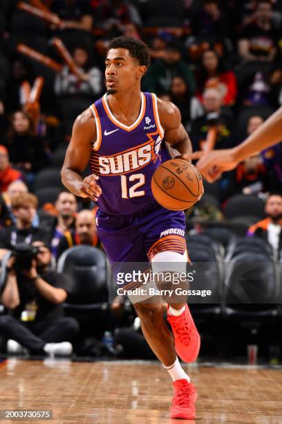 Theo Maledon of the Phoenix Suns handles the ball during the game against the Detroit Pistons on February 14, 2024 at Footprint Center in Phoenix,...