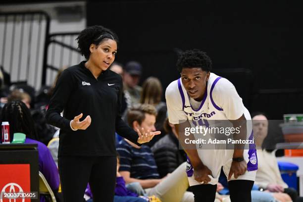 Stockton Kings Head Coach Lindsey Harding speaks to Stanley Johnson of the Stockton Kings during the game against the South Bay Lakers on February...