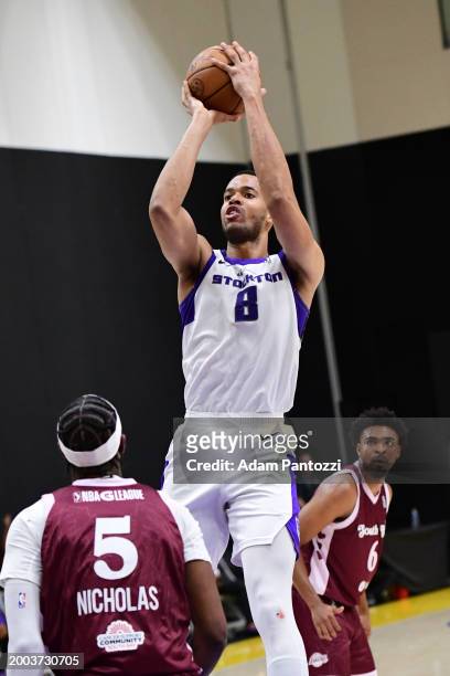Skal Labissiere of the Stockton Kings shoots the ball during the game against the South Bay Lakers on February 14, 2024 at UCLA Heath Training Center...