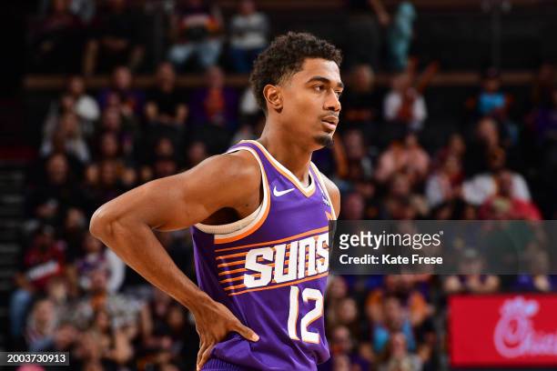Theo Maledon of the Phoenix Suns looks on during the game against the Detroit Pistons on February 14, 2024 at Footprint Center in Phoenix, Arizona....