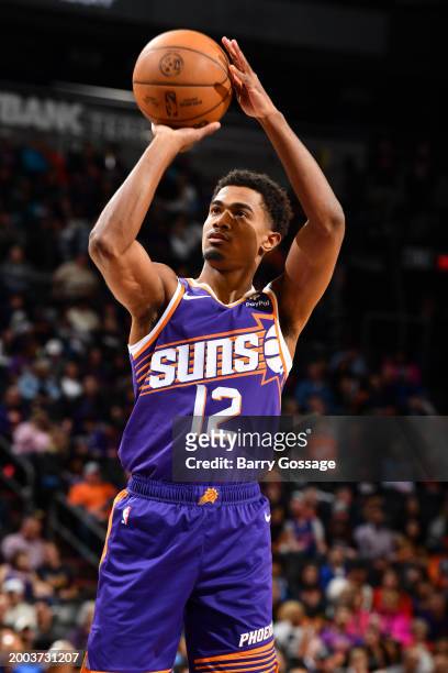 Theo Maledon of the Phoenix Suns shoots a free throwl during the game against the Detroit Pistons on February 14, 2024 at Footprint Center in...