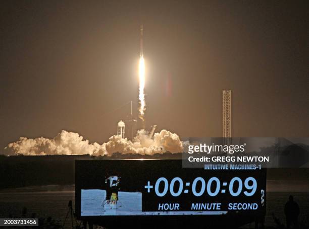 SpaceX Falcon 9 rocket lifts off from launch pad LC-39A at the Kennedy Space Center with the Intuitive Machines' Nova-C moon lander mission, in Cape...
