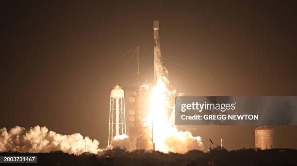 SpaceX Falcon 9 rocket lifts off from launch pad LC-39A at the Kennedy Space Center with the Intuitive Machines' Nova-C moon lander mission, in Cape...