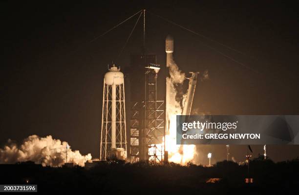 SpaceX Falcon 9 rocket lifts off from launch pad LC-39A at the Kennedy Space Center with the Intuitive Machines' Nova-C moon lander mission, in Cape...