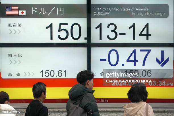 Pedestrians walk past an electronic board showing the rate of the Japanese yen versus the US dollar along a street in Tokyo on February 15, 2024.