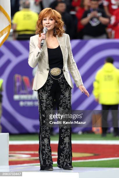 Reba McEntire performs during the Super Bowl LVIII Pregame at Allegiant Stadium on February 11, 2024 in Las Vegas, Nevada.