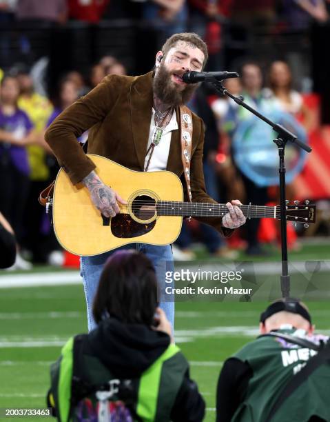 Post Malone performs during the Super Bowl LVIII Pregame at Allegiant Stadium on February 11, 2024 in Las Vegas, Nevada.