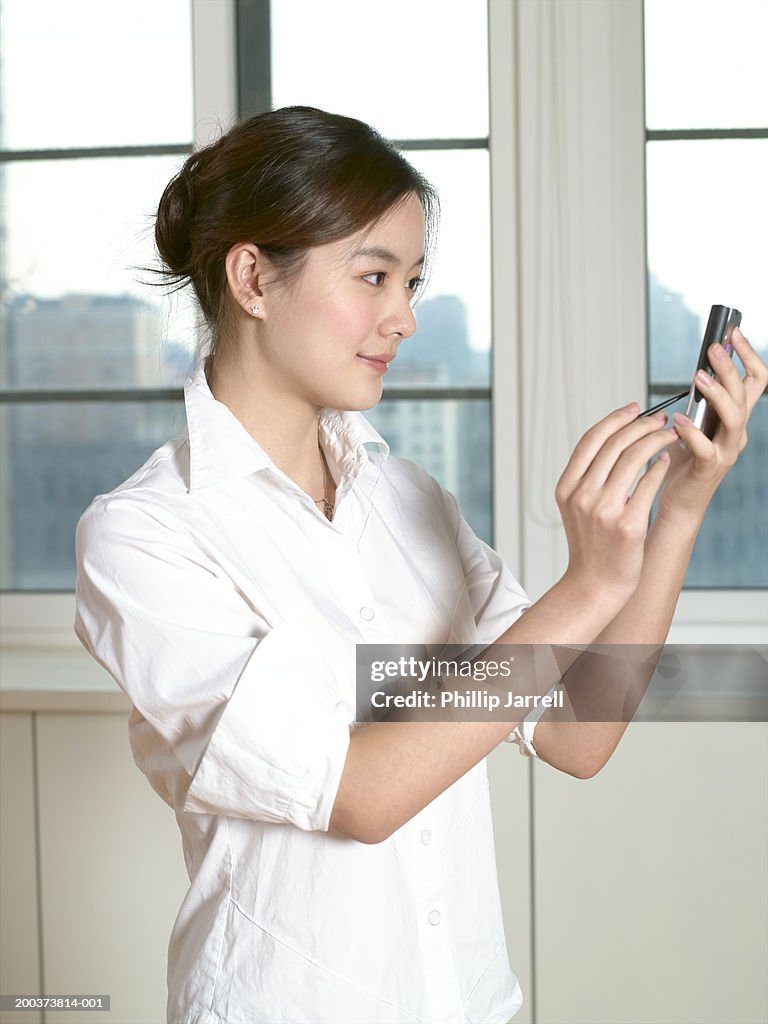 Young businesswoman using personal digital assistant, side view