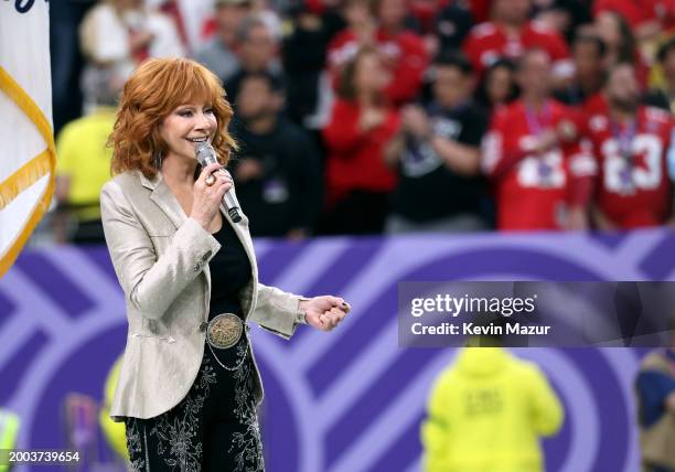 Reba McEntire performs during the Super Bowl LVIII Pregame at Allegiant Stadium on February 11, 2024 in Las Vegas, Nevada.