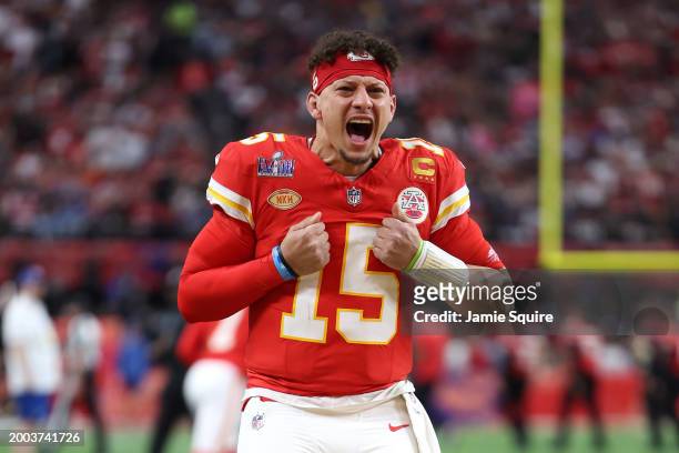 Patrick Mahomes of the Kansas City Chiefs reacts prior to Super Bowl LVIII against the San Francisco 49ers at Allegiant Stadium on February 11, 2024...
