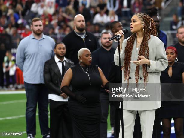 Andra Day performs during the Super Bowl LVIII Pregame at Allegiant Stadium on February 11, 2024 in Las Vegas, Nevada.