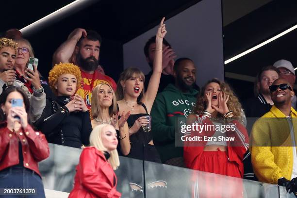 Singer Lana Del Rey, rapper Ice Spice, NFL player Jason Kelce, singer Taylor Swift and actress Blake Lively reacts prior to Super Bowl LVIII between...