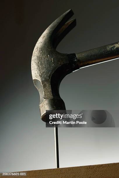 hammer above nail, low angle view, close-up - hammer and nail fotografías e imágenes de stock