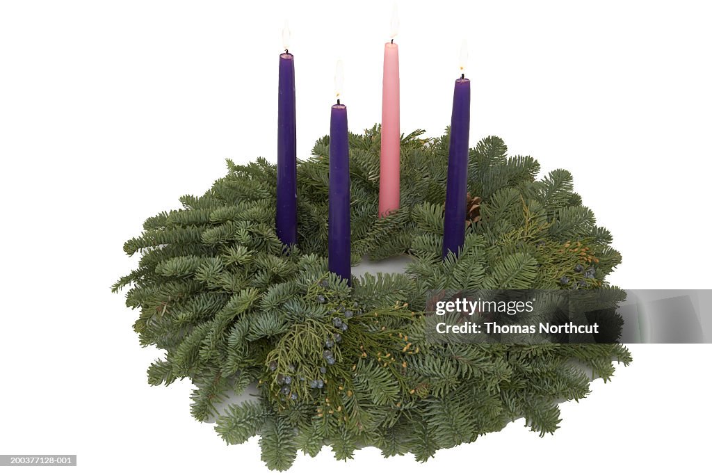 Advent wreath with burning candles, elevated view
