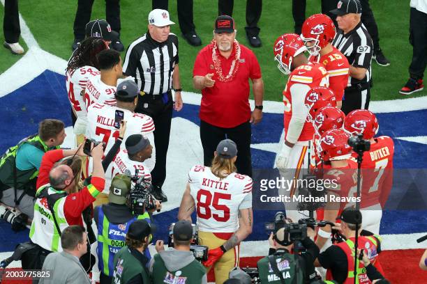 Captains for the Kansas City Chiefs and San Francisco 49ers lineup for the coin toss prior to Super Bowl LVIII at Allegiant Stadium on February 11,...