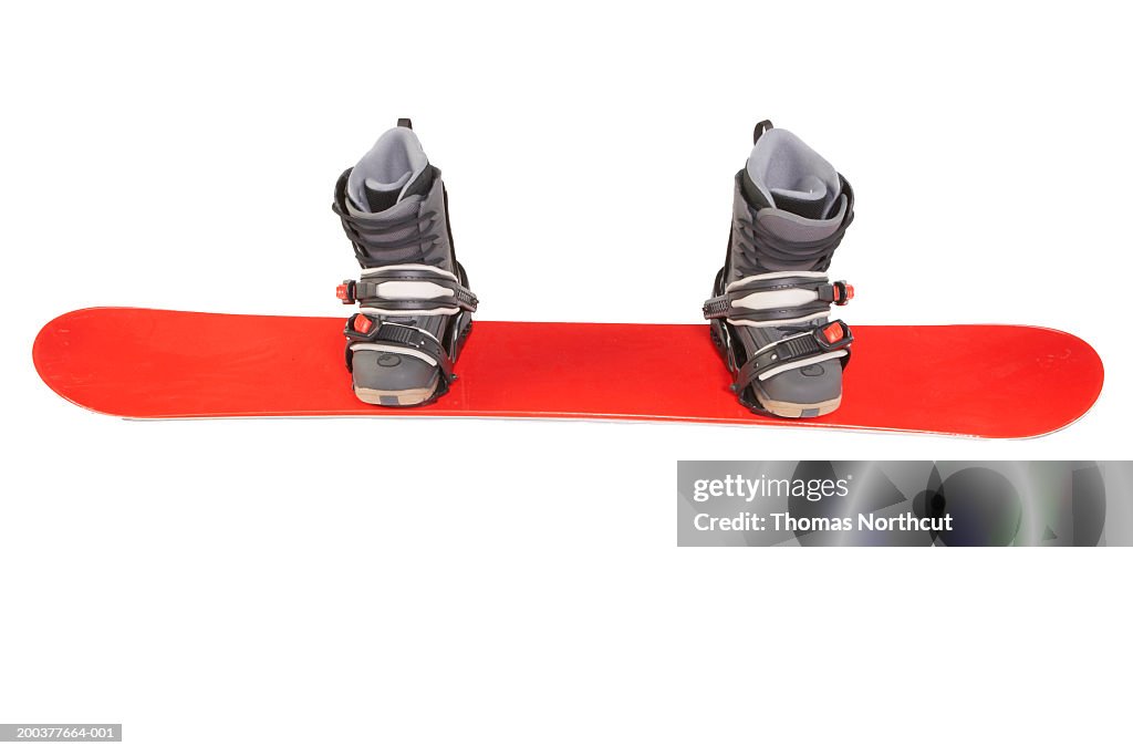 Snowboard with boots and bindings attached